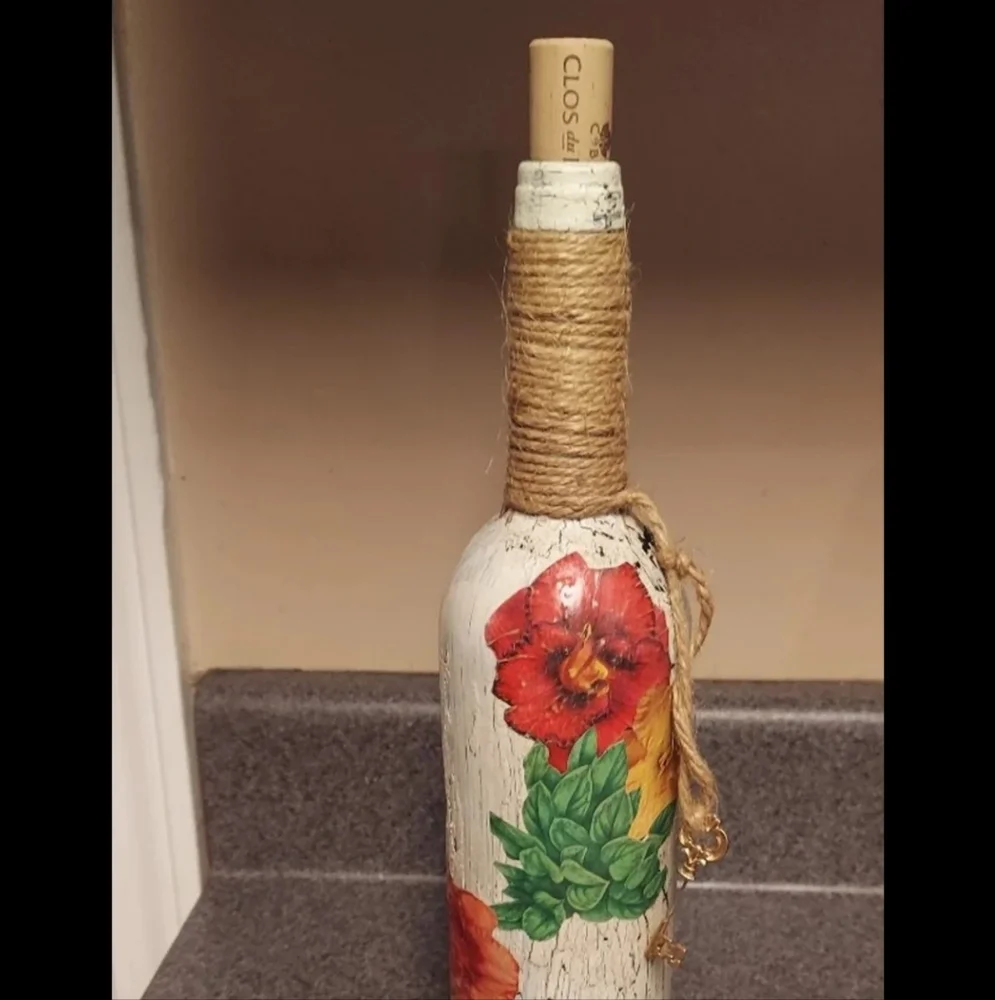 Hand Crafted Decoupage Wine Bottle Vase with Key Charm - Unique! EDC